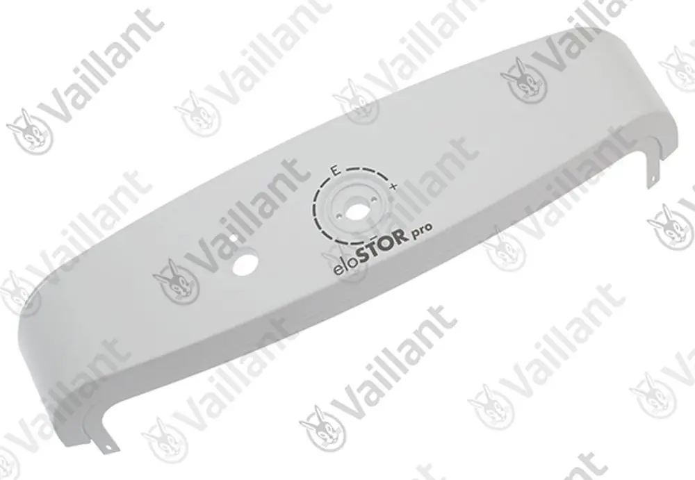 Vaillant Schalttafel in heller Farbe, mit beschrifteten Steuerungselementen und einem zentralen Ausschnitt. Genutzt in Heizsystemen und Speichern.